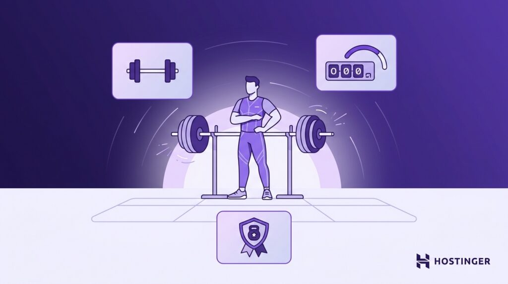Man standing beside a heavily loaded barbell with icons representing strength training, performance tracking, and fitness achievements.
