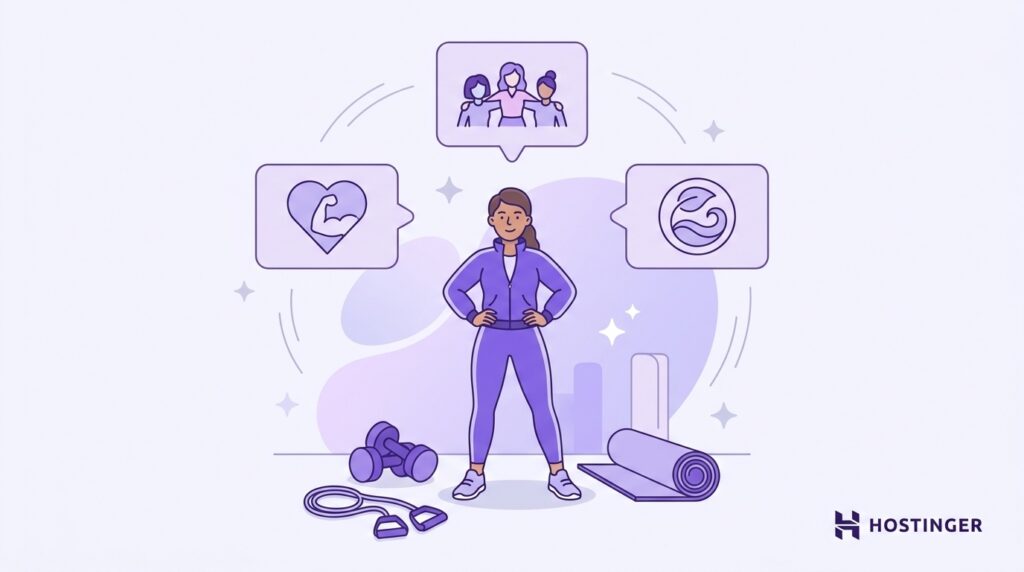 Woman standing confidently with workout equipment and icons representing strength, wellness, and community support.