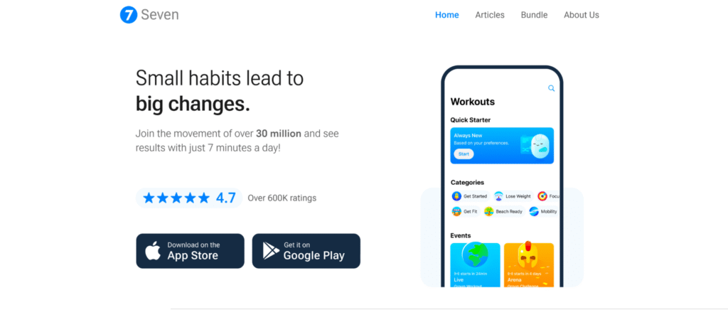 Homepage of Seven app
