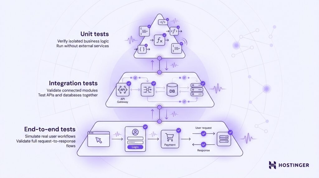 Diagram illustrating three software testing types: unit tests verify isolated logic, integration tests validate connected modules, end-to-end tests simulate user workflows.