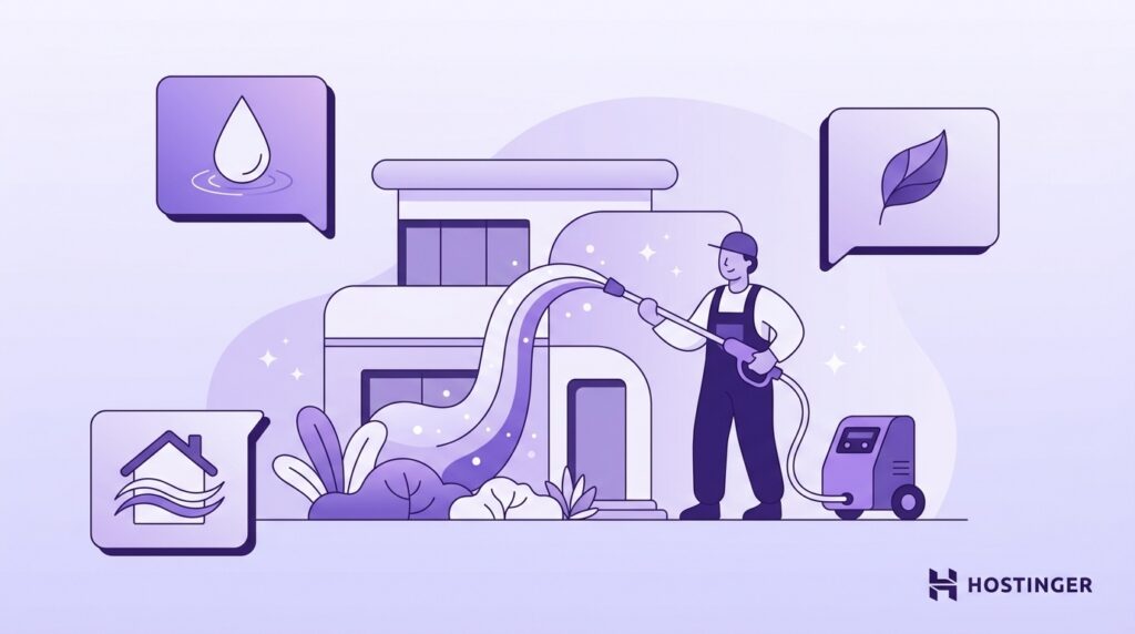 Illustration of a person in overalls pressure washing a modern house surrounded by plants. Icons of a water droplet, leaf, and a house add visual context.