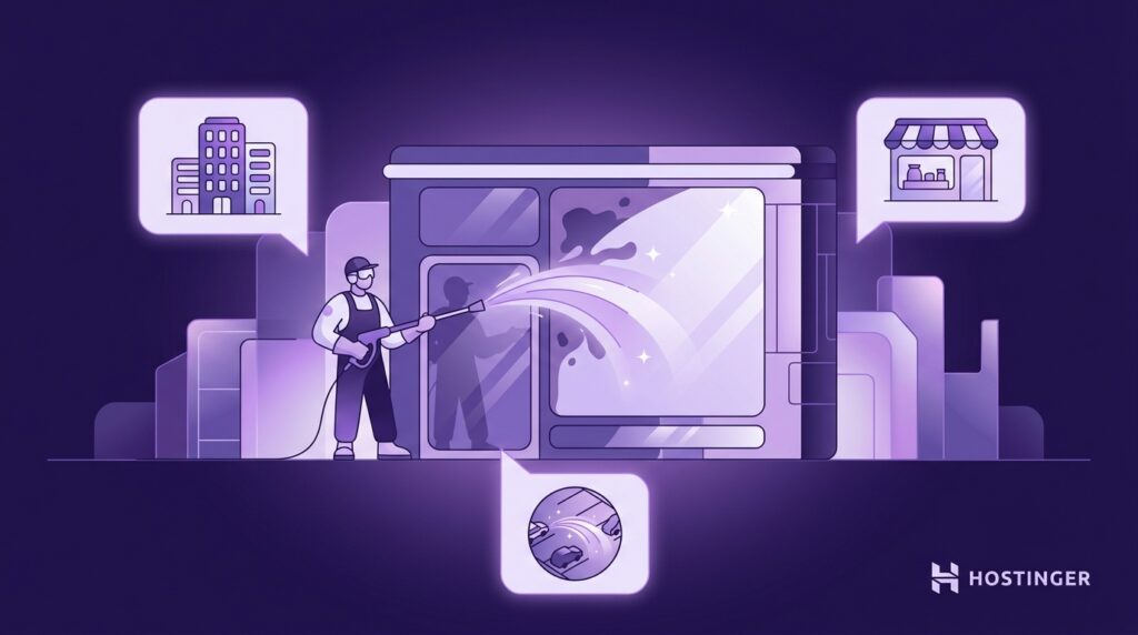 Illustration of a worker power washing a building facade, with icons representing offices, shops, and a clean environment.