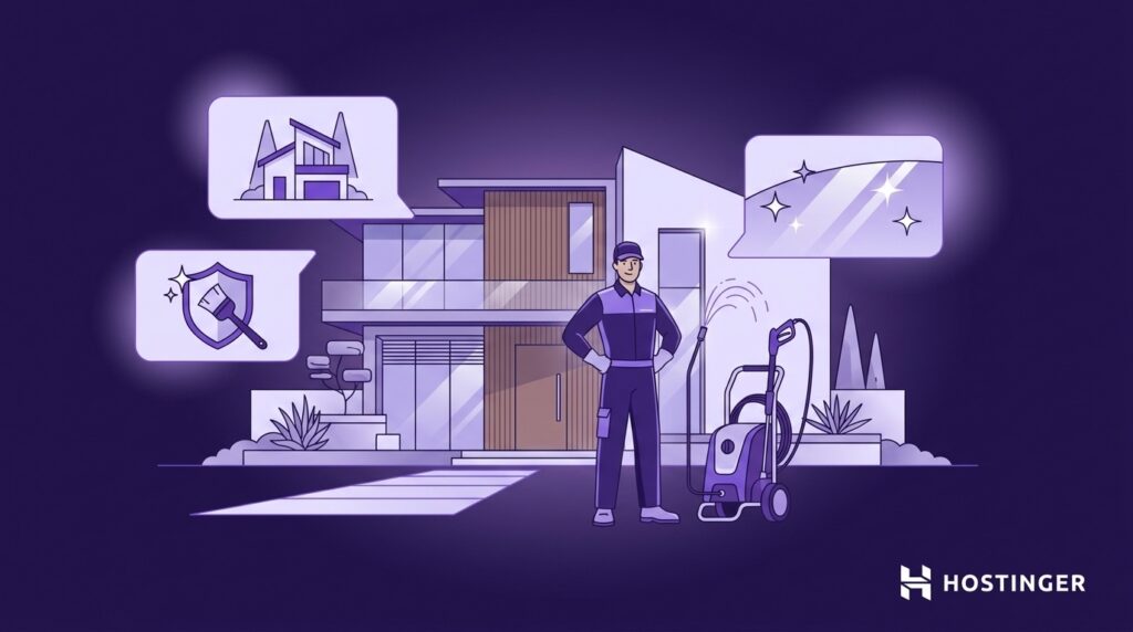 A person stands confidently beside a power washer in front of a modern house, with icons of a gleaming window, shield, and home in speech bubbles.