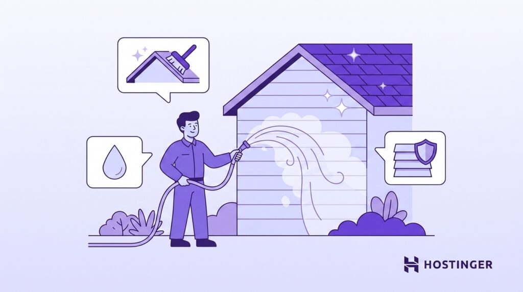 Person using a hose to clean a house exterior, with icons indicating roof cleaning, water use, and exterior protection.