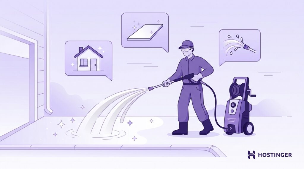 Person using a pressure washer to clean an outdoor surface, with icons of a house, clean tile, and water spray.