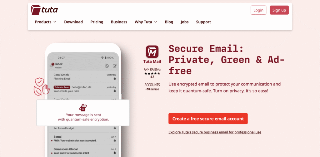 Tuta Mail's home page