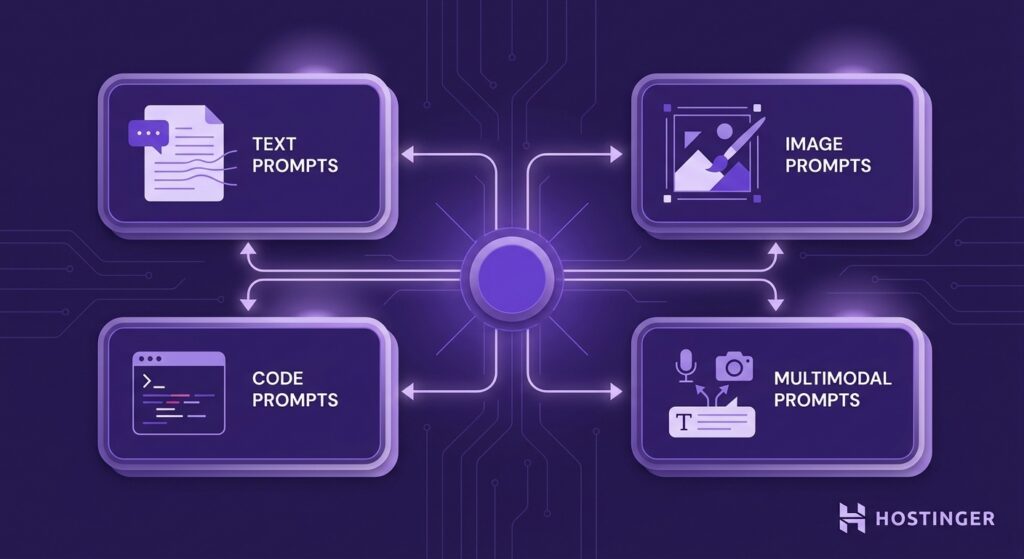 illustration showing four AI prompt types — Text, Image, Code, and Multimodal — as interconnected modular panels in a dark purple technical system design with circuit trace