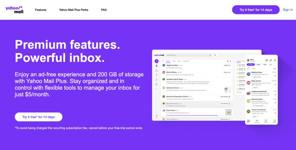 Yahoo Mail's home page