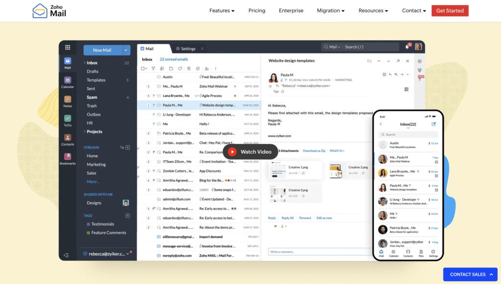 Zoho Mail's home page