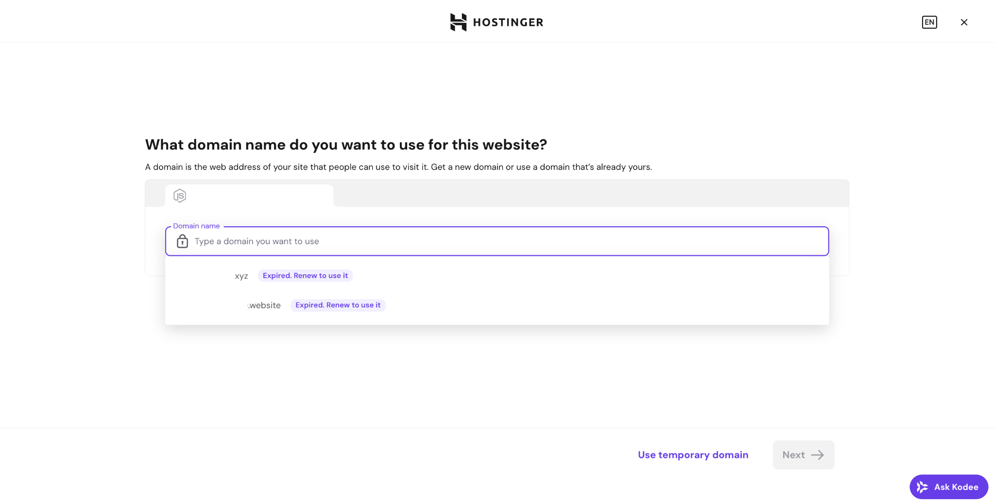 Domain name selection page when deploying a Node.js app on Hostinger