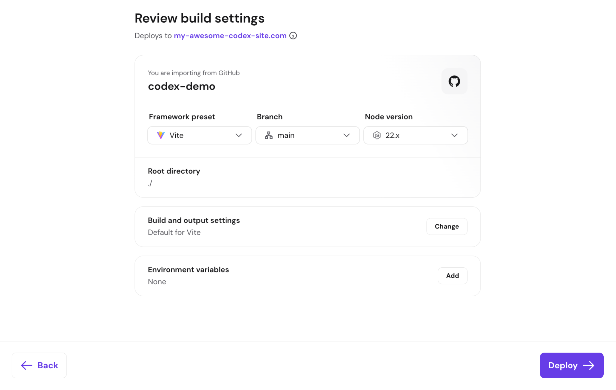 A Codex app build settings review page on Hostinger Node.js hosting flow