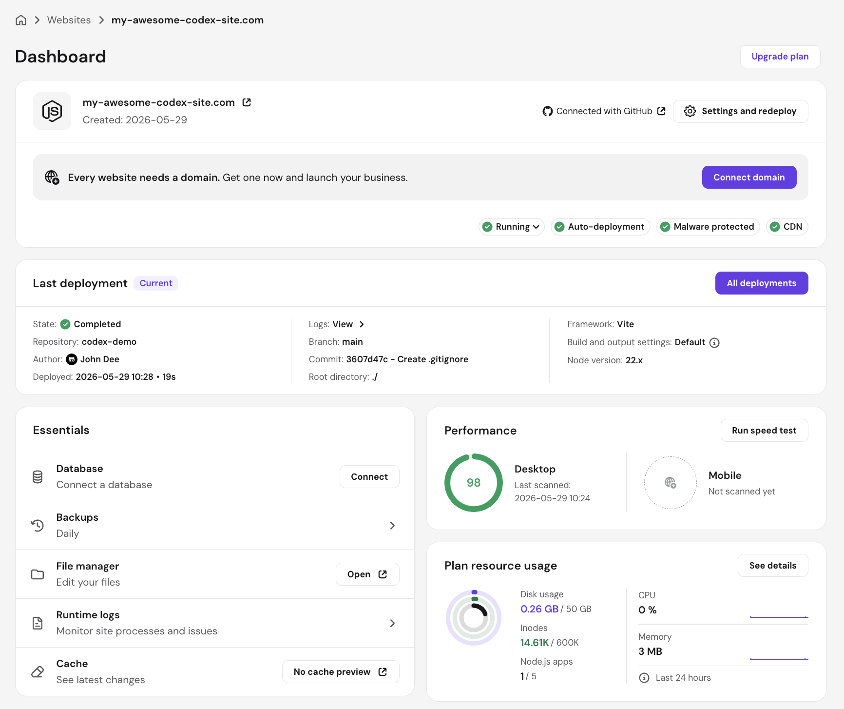 Node.js hosting dashboard on hPanel
