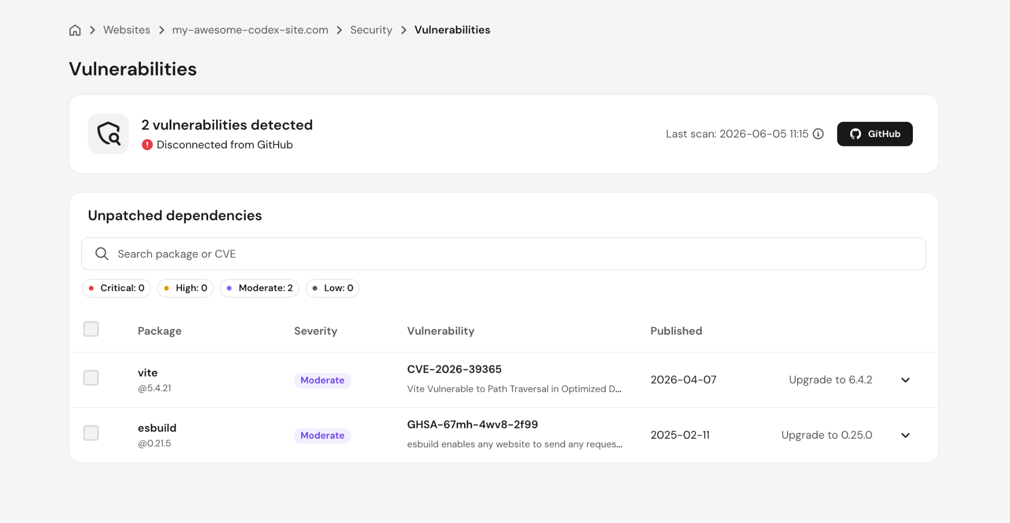 Node.js web app Vulnerabilities scanner on hPanel dashboard