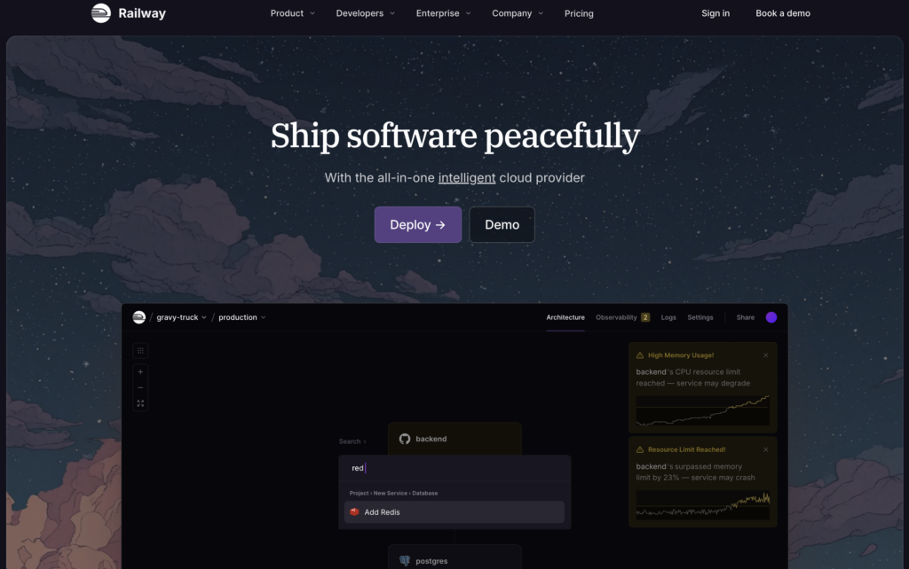 railway-homepage Homepage of Railway, a developer-friendly cloud platform built for speed.