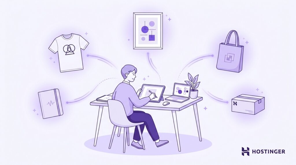Designer creating print-on-demand products on a tablet and laptop, surrounded by custom merchandise including a T-shirt, notebook, wall art print, tote bag, and shipping box. The illustration represents building a print-on-demand brand and selling products across multiple categories.