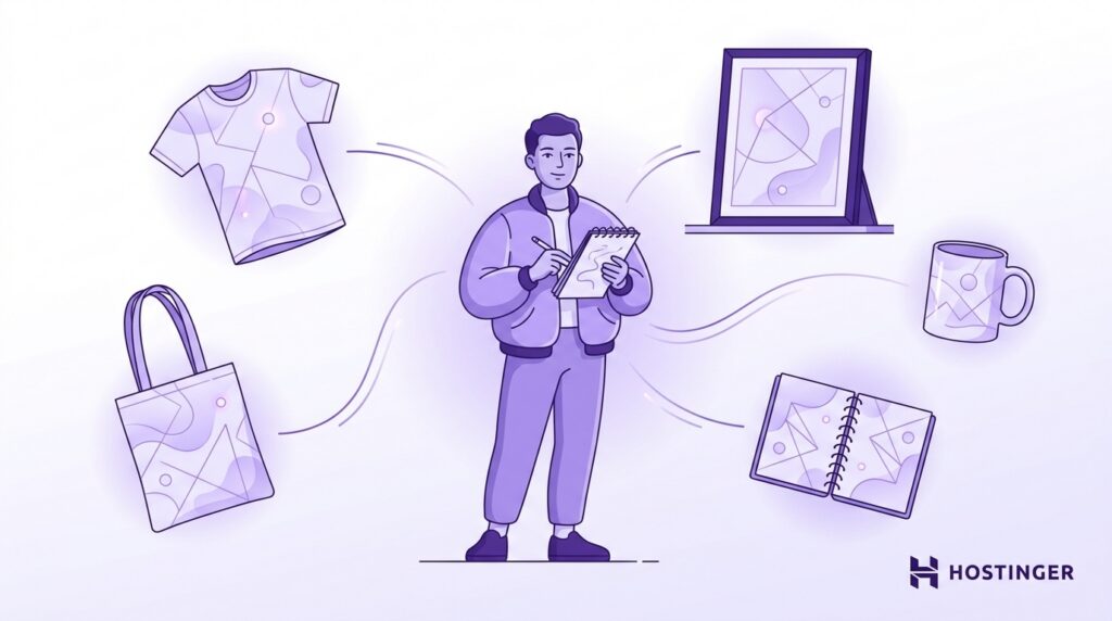 Creator developing a print-on-demand product collection, surrounded by custom merchandise including a T-shirt, tote bag, wall art print, mug, and notebook featuring a consistent abstract design. The illustration represents building a cohesive brand across multiple print-on-demand products.