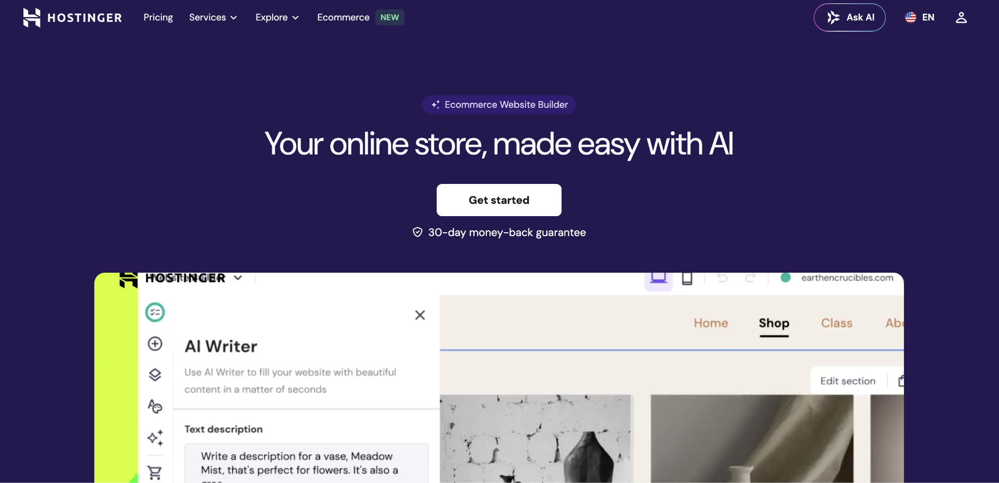 Hostinger Ecommerce Website Builder landing page