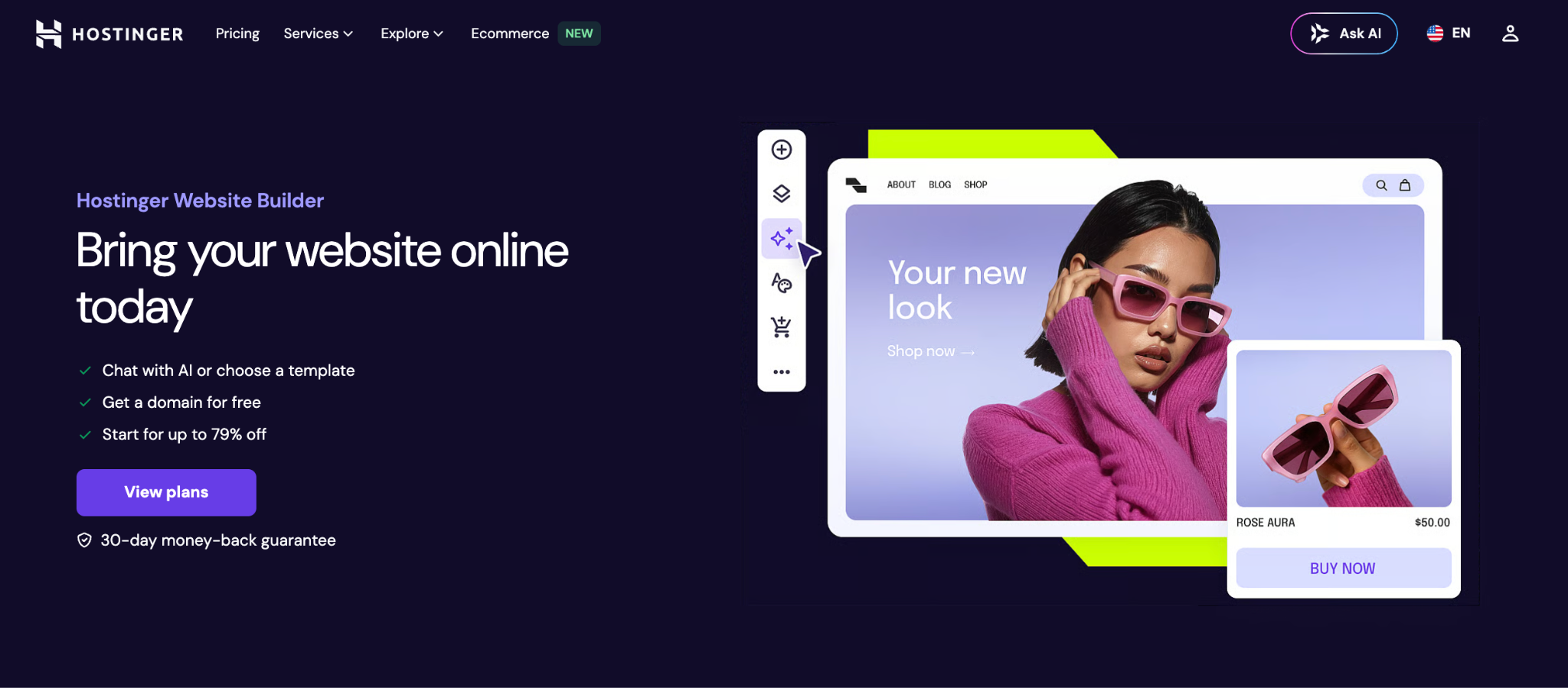 Hostinger Website Builder homepage with the headline 