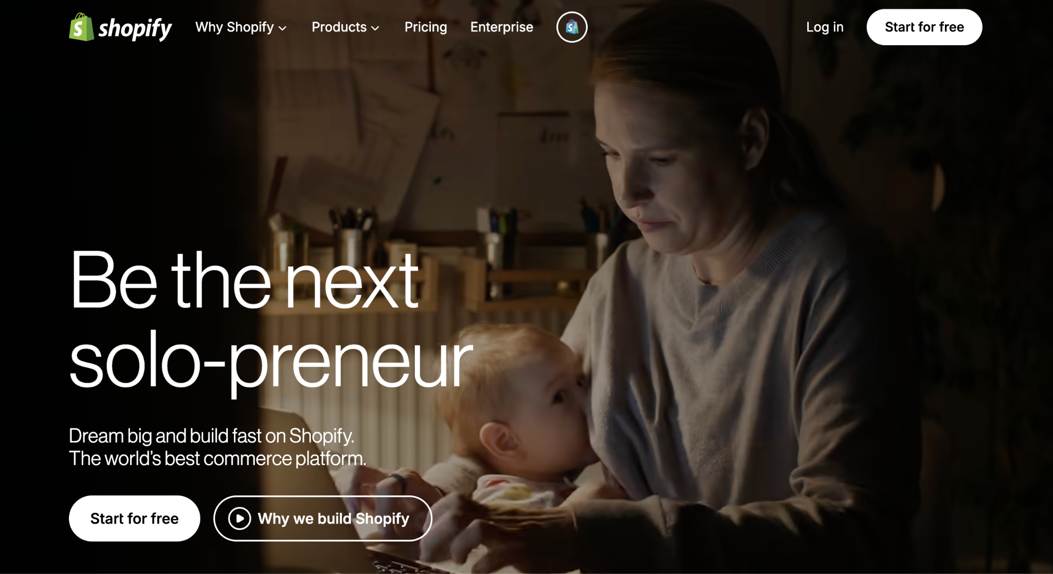 Shopify homepage with the headline 