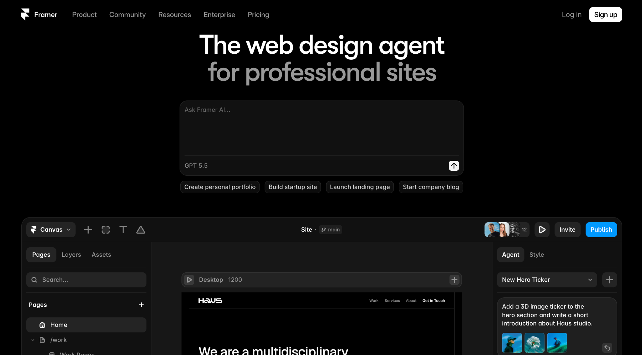 Framer homepage with the headline 
