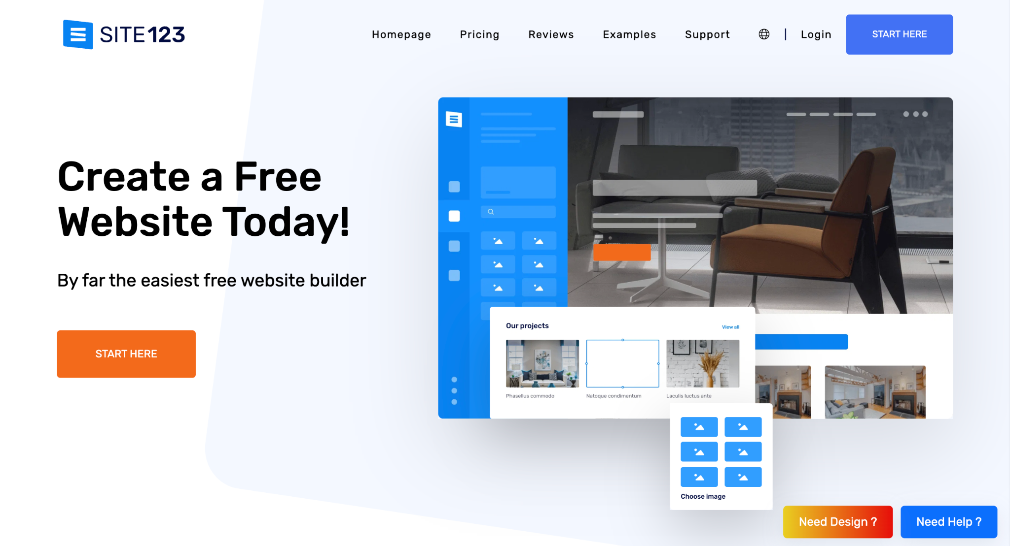 SITE123 homepage with the headline 