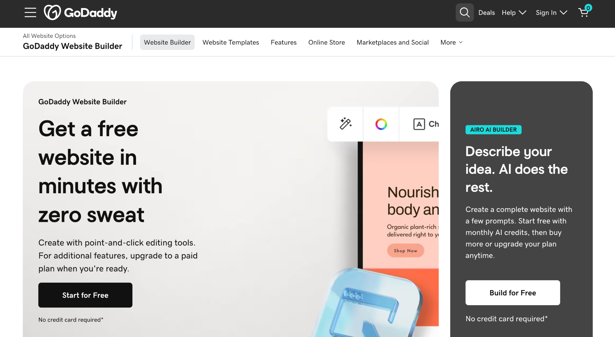 GoDaddy Website Builder page with the headline 