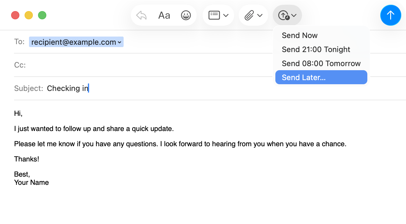 Mac Mail compose window with the Send dropdown open, showing Send Now, two preset times, and Send Later options.