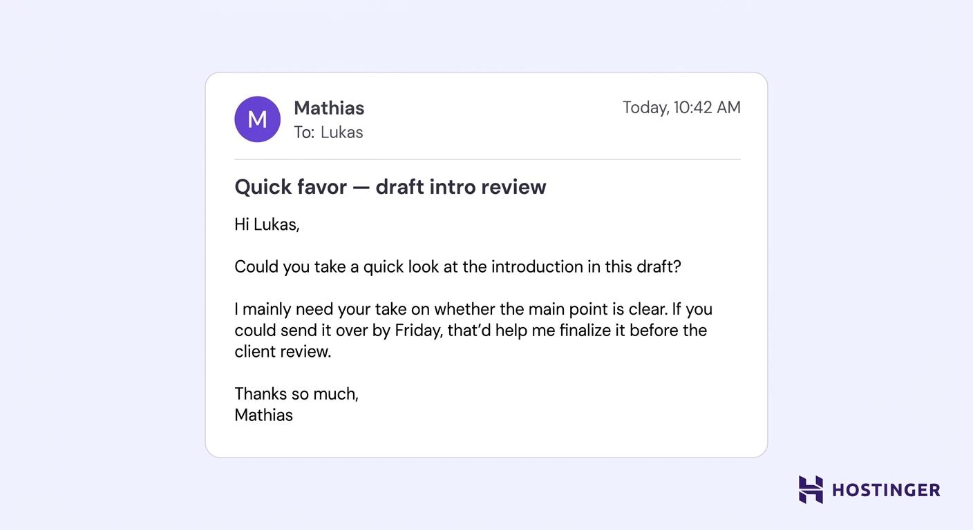 Casual business email example: favor / request email