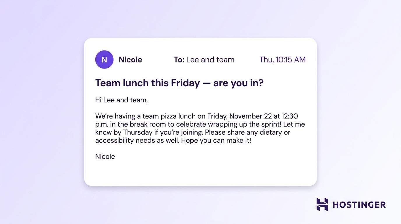 Casual business email example: team event invitation email