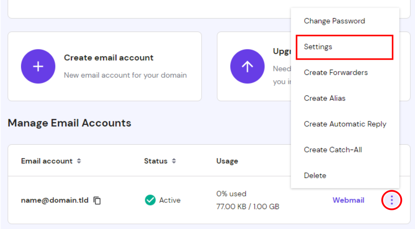 The email account management options showing how to access Settings