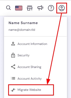 The option to migrate a website from the header menu