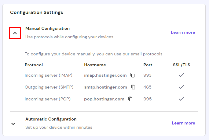 The manual configuration settings and how to display the Hostinger Email values