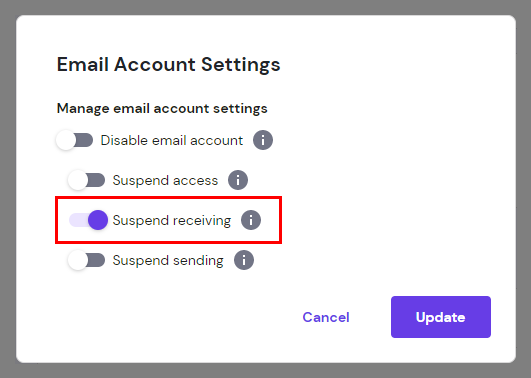 The Email Account Settings showing the toggle of suspend receiving
