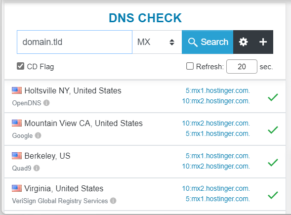 DNS Checker tool showing that Hostinger Email MX records are propagated: 5:mx1.hostinger.com and 10:mx2.hostinger.com
