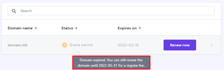 The Domains dashboard section showing how to see the time left to renew the domain before entering redemption