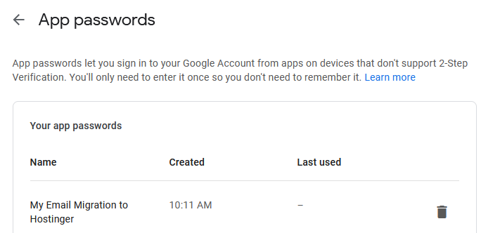 Generating an app password in Google