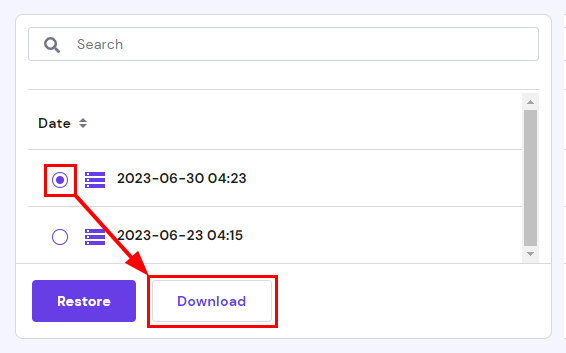 The database backup date selector and how to download