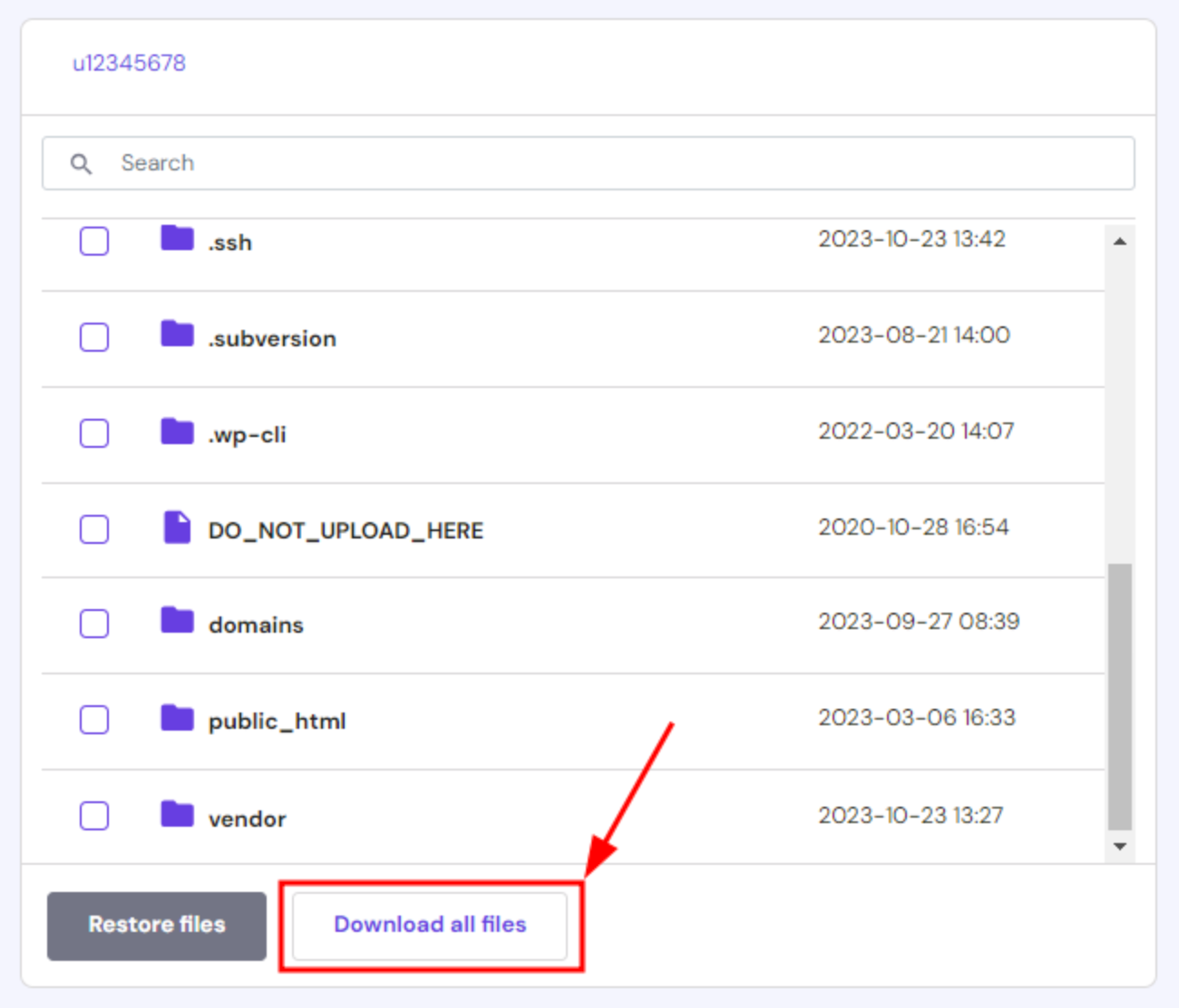 The backup file selector and the Download all files button