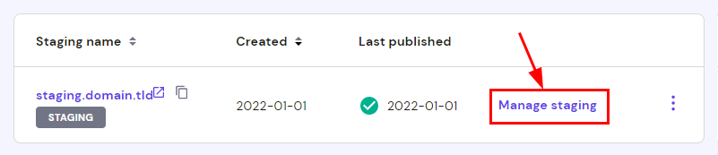 The Staging section on hPanel showing the option to Manage staging