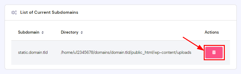 The list of current subdomains showing the bin icon to delete a subdomain