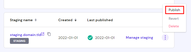 The Staging section displaying the content after clicking the options button, highlighting the Publish option