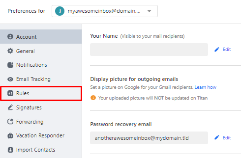 The Rules section in the Preferences panel of Titan Email