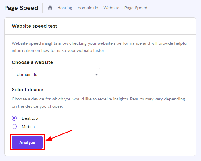 The Page Speed section showing how to generate a page analysis