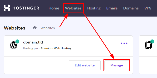 The Websites section showing how to access the hosting panel
