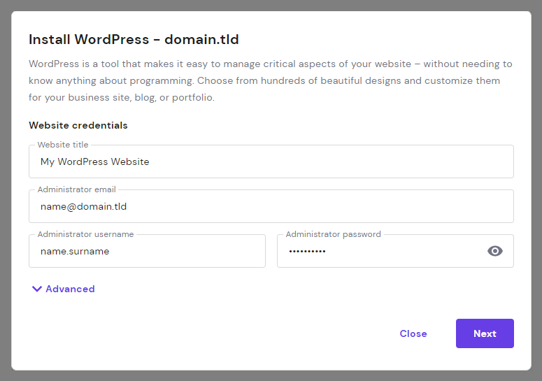 The Install WordPress window to enter the installation details