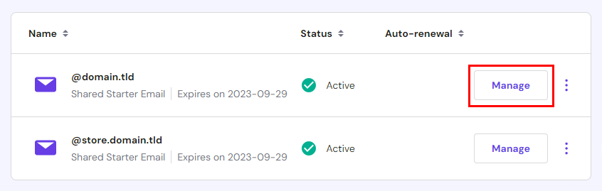 The domain and subdomain list ot manage email accounts
