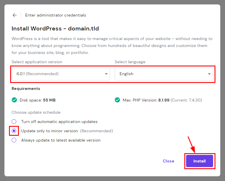 The version, language and update options for WordPress installation