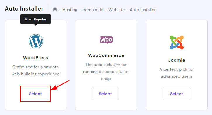 The Auto Installer section showing how to select WordPress