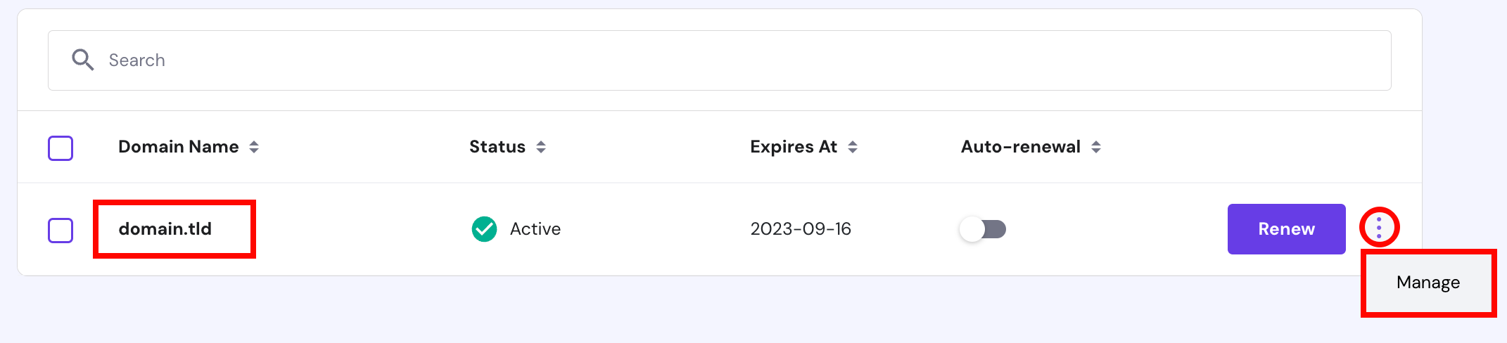 The Domains section in Hostinger