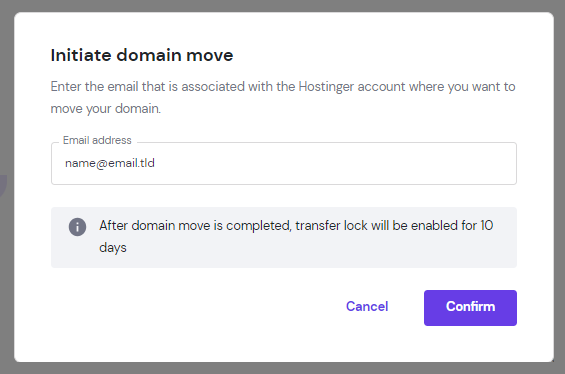 The Initiate domain move window to enter the destination email address and the confirm button